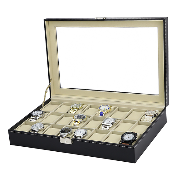 Watch Box - 24 Slot Luxury Display Case With Framed Glass Lid