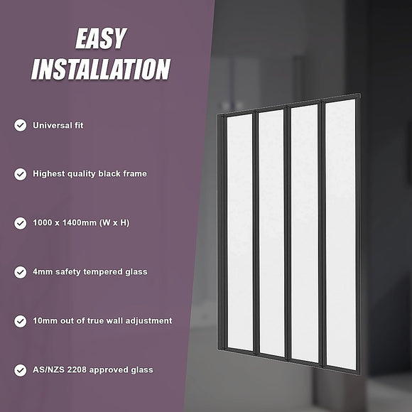 4 Fold Black Folding Bath Shower Screen Door Panel 1000 x 1400mm
