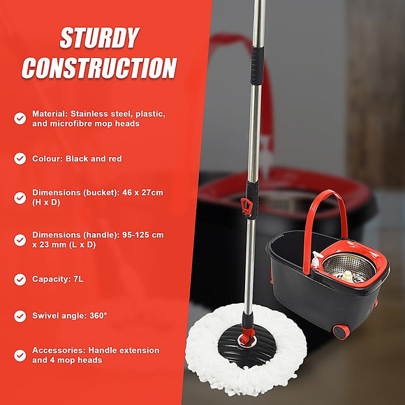 Spin Rotating Mop and Bucket Set with Wheels and 4 Microfibre Mop Heads