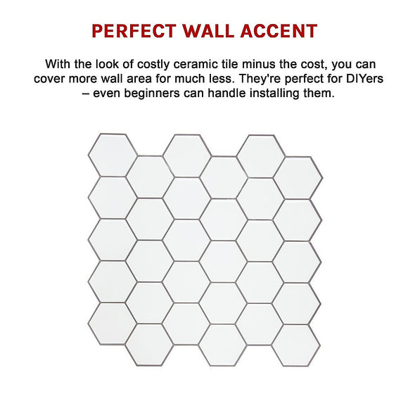 Tiles 3D Peel and Stick Wall Tile Hexagon White (30cm x 30cm x 10 sheets)