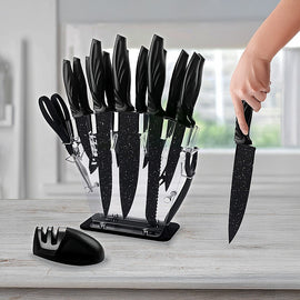 Kitchen 17 Piece Knife Set with Block and Sharpener Chef Knives - 0