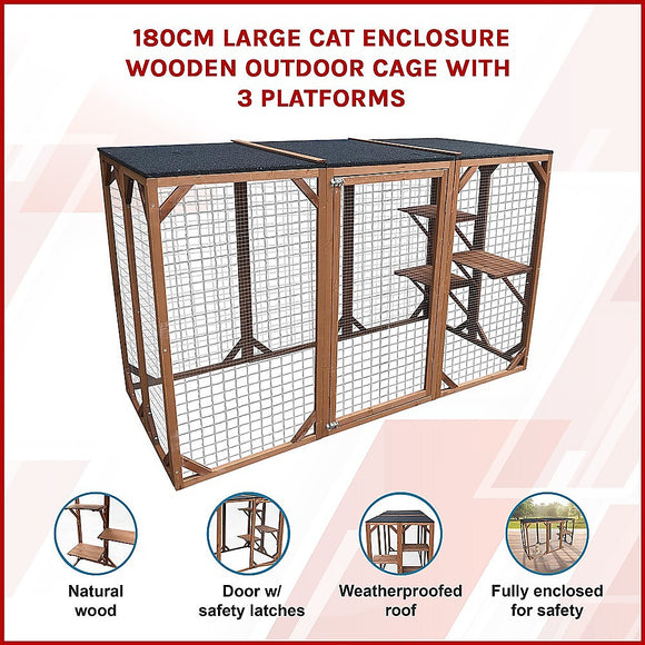 180cm Large Cat Enclosure Wooden Outdoor Cage with 3 Platforms