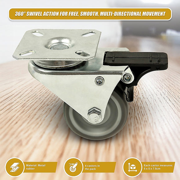 4 x 2" Heavy Duty Swivel Double Wide Castor Wheels Trolley 50mm Furniture Rubber With Brake