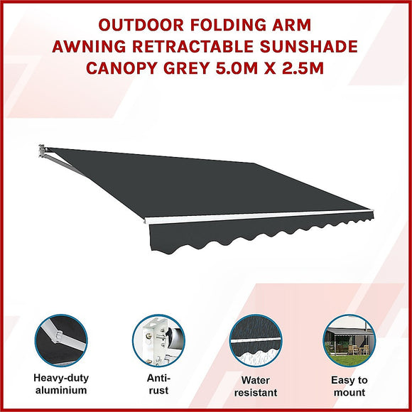 Outdoor Folding Arm Awning Retractable Sunshade Canopy Grey 5.0m x 2.5m