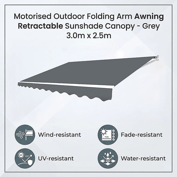 Motorised Outdoor Folding Arm Awning Retractable Sunshade Canopy Grey 3.0m x 2.5m