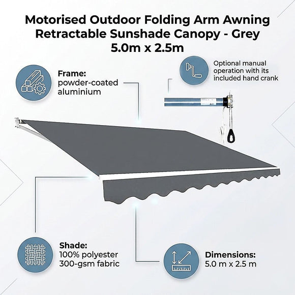 Motorised Outdoor Folding Arm Awning Retractable Sunshade Canopy Grey 5.0m x 2.5m