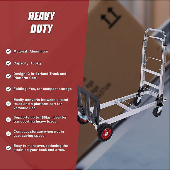 Hand Truck 2 in 1 Folding Dolly Cart 180kg Capacity Heavy Duty Aluminium