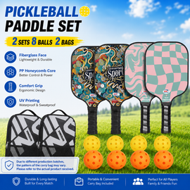 Pickleball Paddle Set with 4 Fiberglass Paddles, 8 Outdoor Balls and 2 Carry Bags - Honeycomb Core, Lightweight Design, Comfort Grip, Family and Beginner Friendly Game Set