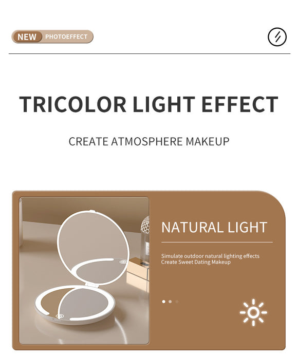 Khaki Portable LED Makeup Mirror with Tricolor Lights - Rechargeable Folding Travel Mirror