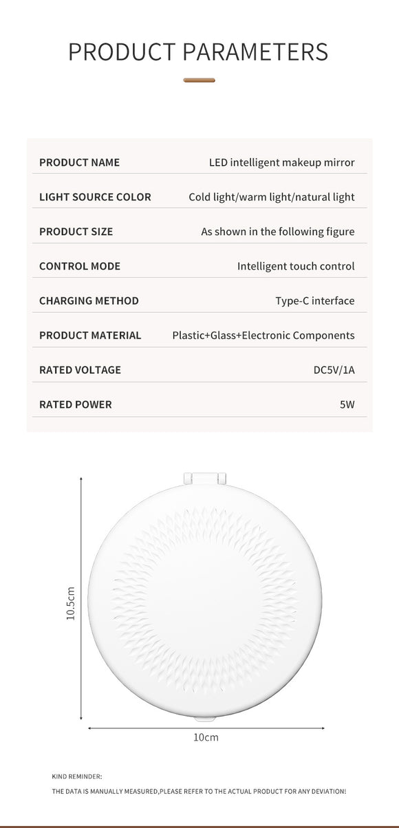 Khaki Portable LED Makeup Mirror with Tricolor Lights - Rechargeable Folding Travel Mirror