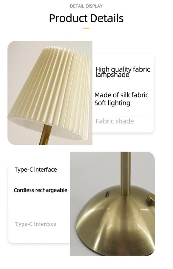 Beige Elegant Pleated Fabric Table Lamp - 3-Color LED, USB Rechargeable, Touch Dimming