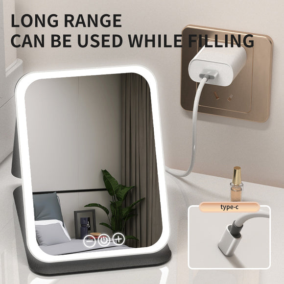 Black Large Foldable LED Makeup Mirror - Portable Desktop Vanity with 3 Color Lights, Stepless Dimming & Adjustable Stand