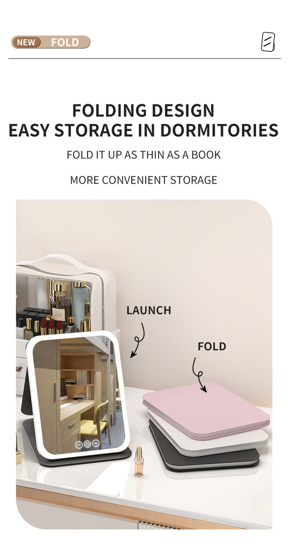 Black Large Foldable LED Makeup Mirror - Portable Desktop Vanity with 3 Color Lights, Stepless Dimming & Adjustable Stand