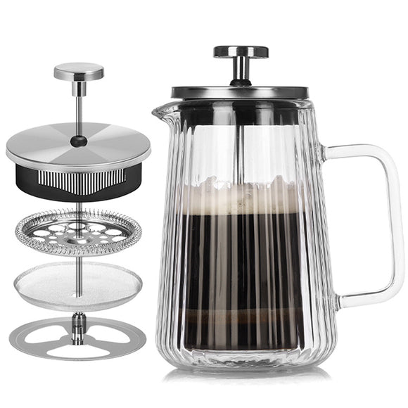 Transparent Elegant Ribbed Double Wall Glass French Press - 1000ml Heat Resistant Coffee and Tea Maker with Stainless Steel Filter
