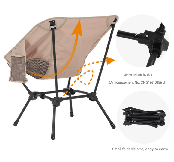 Black Lightweight Portable Camping Chair - Adjustable Height Folding Moon Chair with Breathable Mesh & Carry Bag for Outdoor, Beach, Fishing