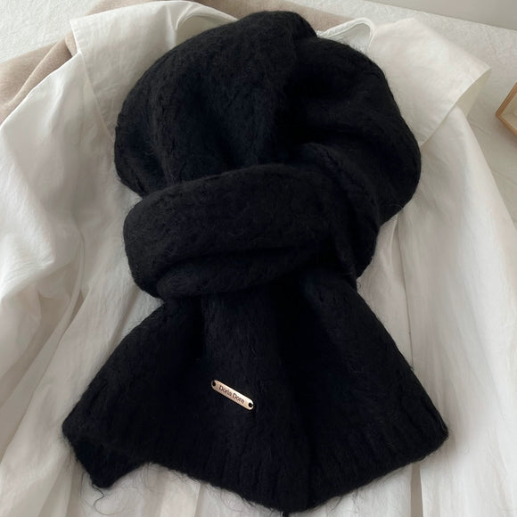 Black Alpaca Wool Blend Solid Color Knitted Scarf for Women Winter New Style Student High Quality Couple Woolen Neck Warmer