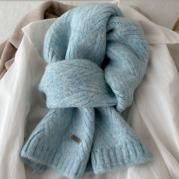 Blue Alpaca Wool Blend Solid Color Knitted Scarf for Women Winter New Style Student High Quality Couple Woolen Neck Warmer