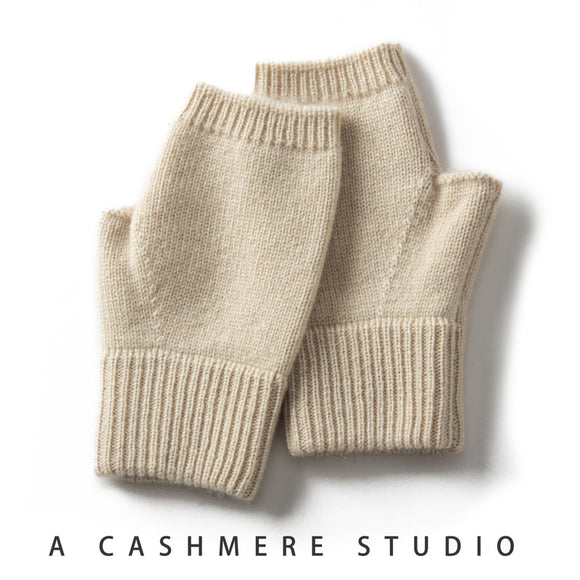 Beige Color Block Cashmere Fingerless Gloves for Women Autumn Winter Outdoor Cold Protection Warm Knitted Gloves