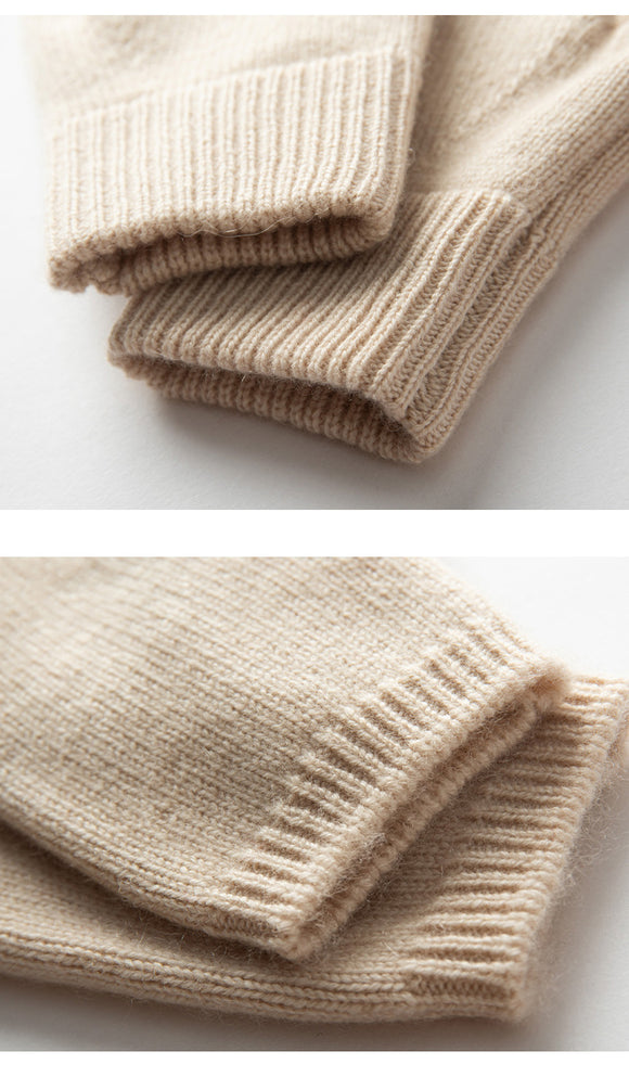 Beige Color Block Cashmere Fingerless Gloves for Women Autumn Winter Outdoor Cold Protection Warm Knitted Gloves