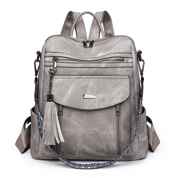 Grey Chic Women's PU Leather Convertible Backpack - Anti-Theft Design, Multi-Pocket Shoulder Bag with Tassel
