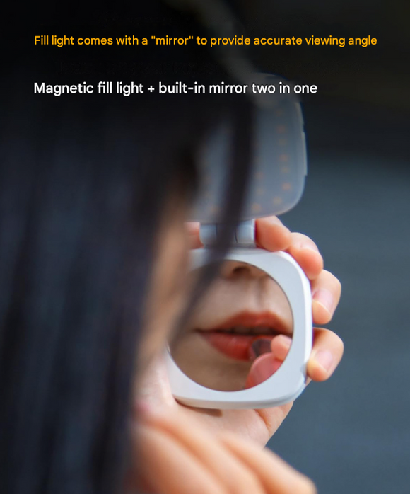 White Magnetic Foldable Selfie Light with Mirror - Rechargeable LED Fill Light for iPhone & Android Vlogging(Mobile phone is a shooting prop and is not included)