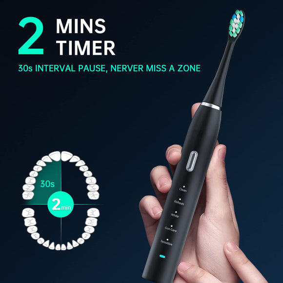 Black Sonic Rechargeable Electric Toothbrush with 8 Heads & Travel Case - 5 Brushing Modes & Smart Timer(USB)