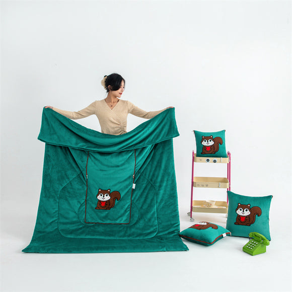 Dark Green Little Squirrel - 2-in-1 Foldable Car Pillow Blanket - Cozy 40x40cm Pillow, Unfolds to 100x150cm Blanket for Travel and Office Naps