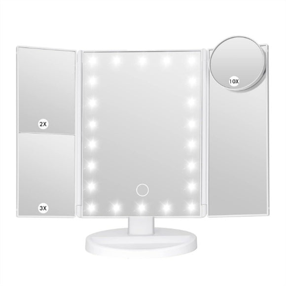White LED Lighted Tri-Fold Vanity Mirror with 2X/3X/10X Magnification