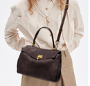 Coffee Women's Vintage Suede Satchel Bag - Elegant Top Handle Purse with Gold Lock-2