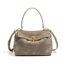 Beige Women's Vintage Suede Satchel Bag - Elegant Top Handle Purse with Gold Lock-1