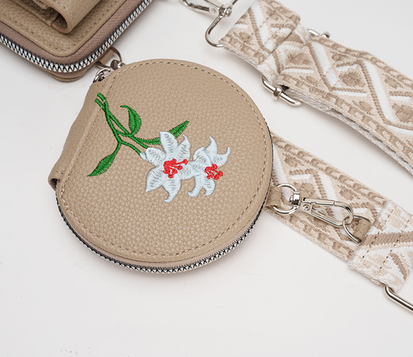 Brown Chic Floral Embroidered 2-in-1 Crossbody Phone Bag with Coin Purse