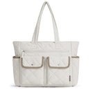 Beige Women's Multi-Pocket Tote Bag - Large Quilted Travel Handbag for Work, Gym, and More-1