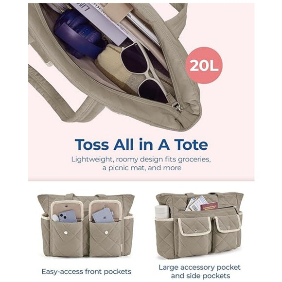 Black Women's Multi-Pocket Tote Bag - Large Quilted Travel Handbag for Work, Gym, and More