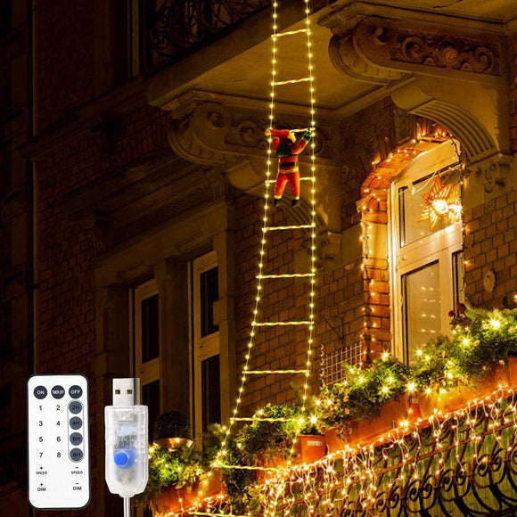 Festive Climbing Santa LED Ladder Light - USB Powered Outdoor Christmas Hanging Decoration with Remote(1.7m)