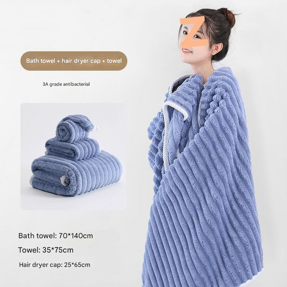 Blue Plush Ribbed Coral Fleece 3-Piece Towel Set - Ultra Soft & Absorbent Bath, Hand Towel and Hair Wrap
