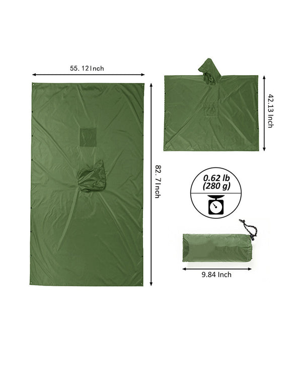 Green 3-in-1 Multifunctional Outdoor Rain Poncho - Ground Mat & Shelter - Lightweight & Waterproof for Hiking & Camping