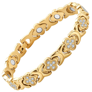 Gold New Fashion Lightweight Luxury Four-Leaf Clover Diamond Inlaid Bracelet - Alloy Magnetic Watch Band Style Bracelet for Women + Free Disassembly Tool