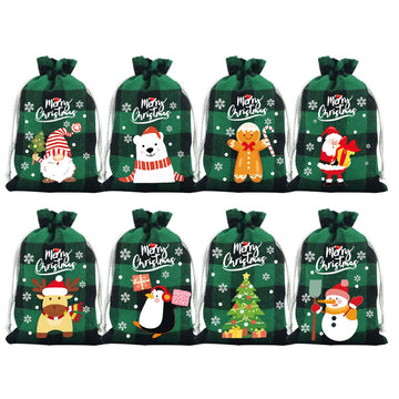 Green grid Christmas Gift Drawstring Bags Set - Festive Burlap Style Pouches for Candy & Apples - Holiday Decoration - 10 Pcs