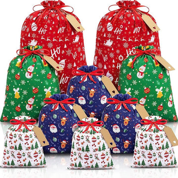 Green grid Christmas Gift Drawstring Bags Set - Festive Burlap Style Pouches for Candy & Apples - Holiday Decoration - 10 Pcs - 0