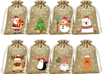 Brown Christmas Gift Drawstring Bags Set - Festive Burlap Style Pouches for Candy & Apples - Holiday Decoration - 10 Pcs