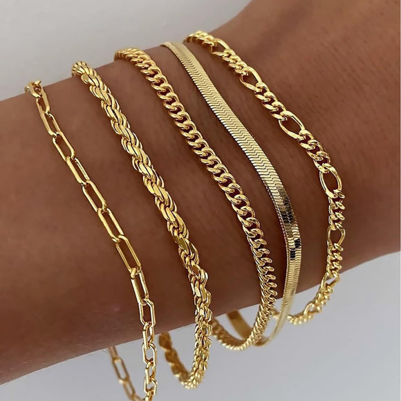 A golden five-piece set Chic Multi-Layered Alloy Bracelet Set - Fashionable Stackable Jewelry