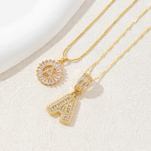 Sparkling Cubic Zirconia Initial Letter Necklace Set - Gold Plated Two-Piece Design(A)