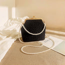 Black Elegant Vintage Kiss-Lock Purse with Pearl Straps - Textured Frame Clutch Bag-1