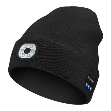 Black Wireless Bluetooth Beanie Hat with USB Rechargeable LED Headlight - Unisex Knit Cap for Running & Camping