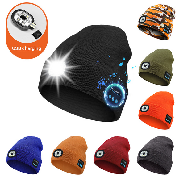 Black Wireless Bluetooth Beanie Hat with USB Rechargeable LED Headlight - Unisex Knit Cap for Running & Camping