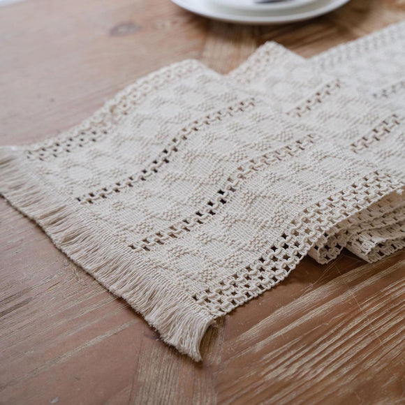 2-PCS White Bohemian Woven Table Runner with Tassels - Rustic Farmhouse Decor for Dining & Coffee Tables