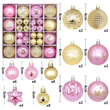 Gold and pink 44-Piece Assorted Christmas Baubles Set with Elegant Designs in Wooden Gift Box - 3-6cm Decorative Ornaments for Tree, Home & Holiday Display