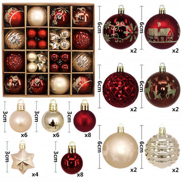Red and white 44-Piece Assorted Christmas Baubles Set with Elegant Designs in Wooden Gift Box - 3-6cm Decorative Ornaments for Tree, Home & Holiday Display