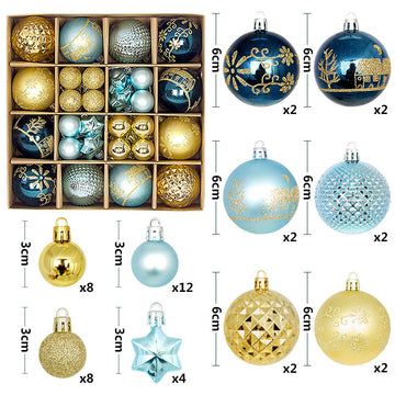 Blue and gold 44-Piece Assorted Christmas Baubles Set with Elegant Designs in Wooden Gift Box - 3-6cm Decorative Ornaments for Tree, Home & Holiday Display