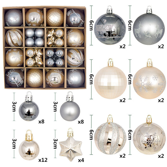 Grey and champagne gold 44-Piece Assorted Christmas Baubles Set with Elegant Designs in Wooden Gift Box - 3-6cm Decorative Ornaments for Tree, Home & Holiday Display